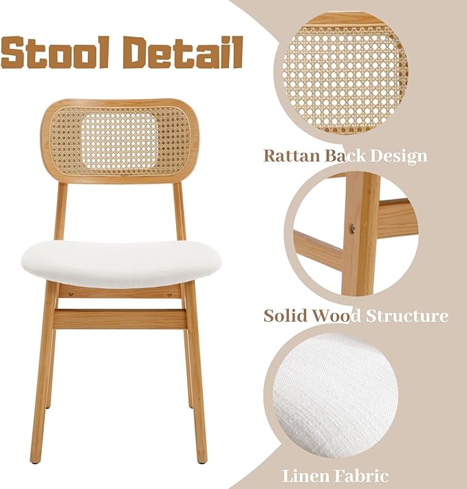 Rattan Dining Chairs Set of 2 Beige Linen Fabric Dining Room Chairs Natural Wooden Kitchen Chairs Farmhouse Boho