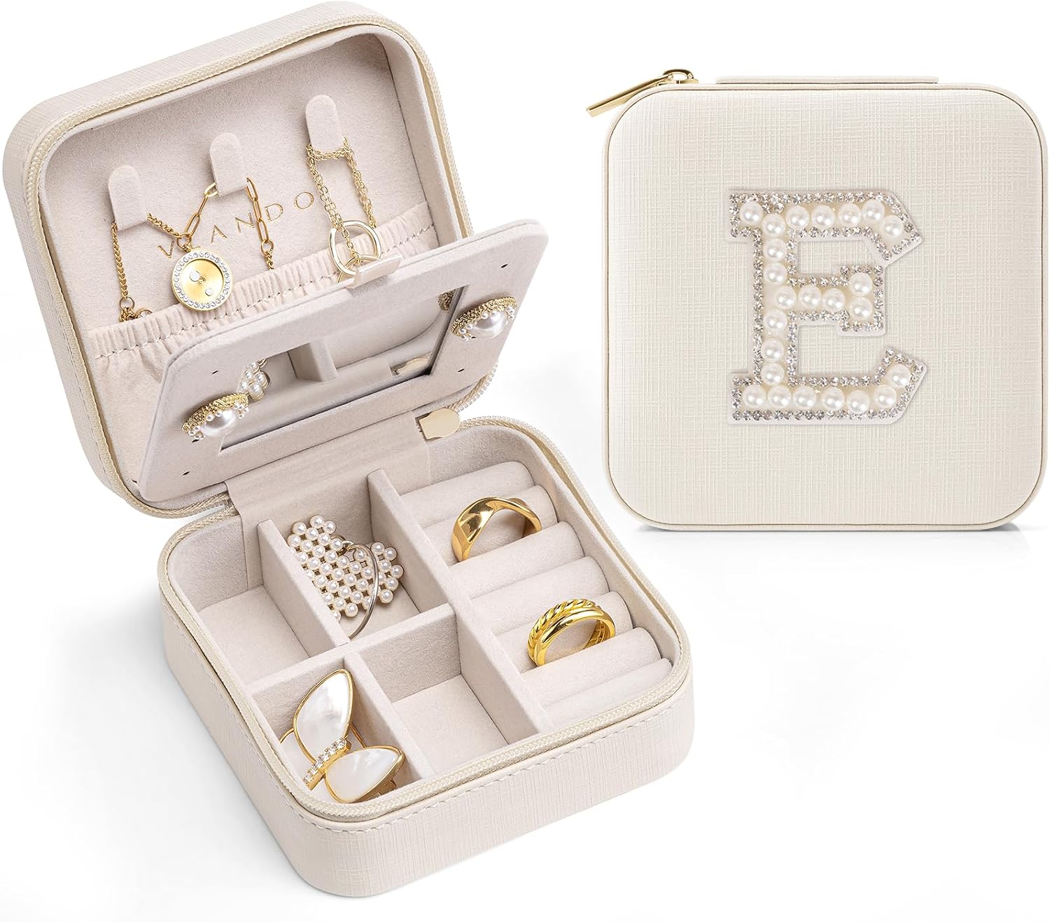 VLANDO Wedding Gifts for Women, Jewelry Box, Bridal Shower Gifts, Bridesmaid Gifts for Wedding Day Bride Gifts, Personalized Jewelry Case - Letter E, White