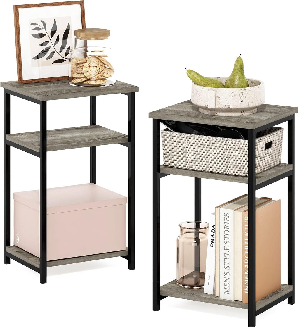 Furinno JUST 3-Tier Telephone Table Set of 2, Modern Metal Frame Side Table with Open Shelf, Night Stand, Bedside Table, Easy Assembly,for Living Room, Bedroom, Grey Oak