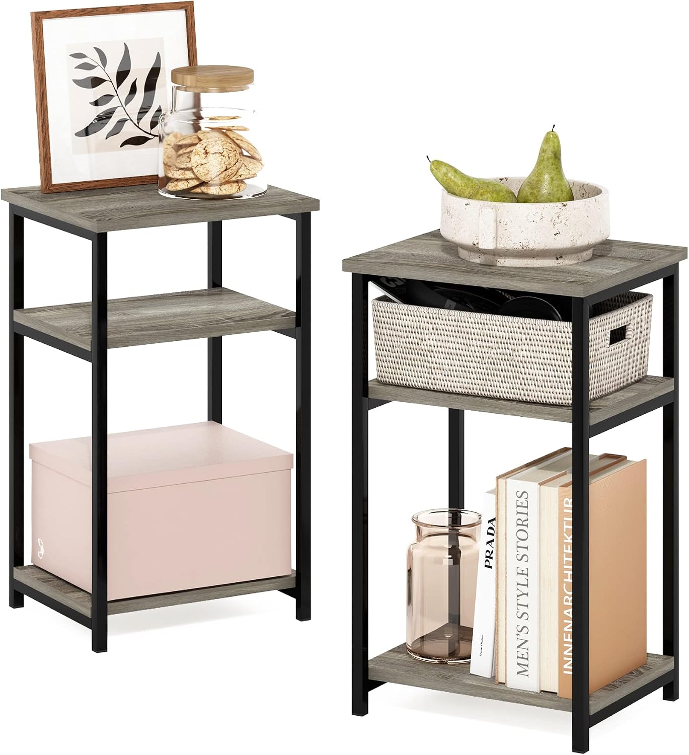 Furinno JUST 3-Tier Telephone Table Set of 2, Modern Metal Frame Side Table with Open Shelf, Night Stand, Bedside Table, Easy Assembly,for Living Room, Bedroom, Grey Oak