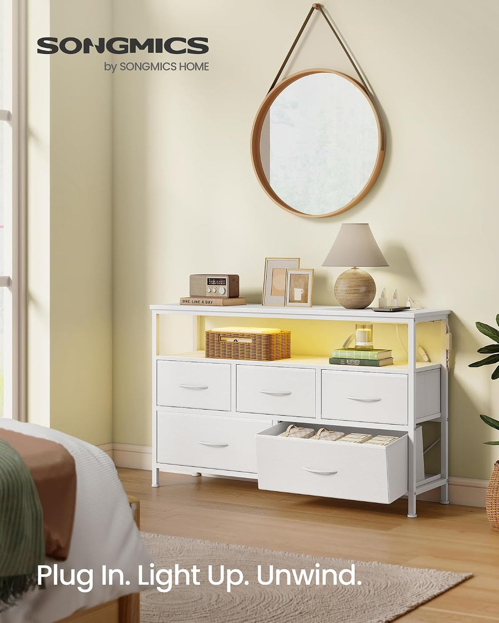 SONGMICS Dresser with App-Controlled LED Lights, 5 Fabric Drawers Dresser