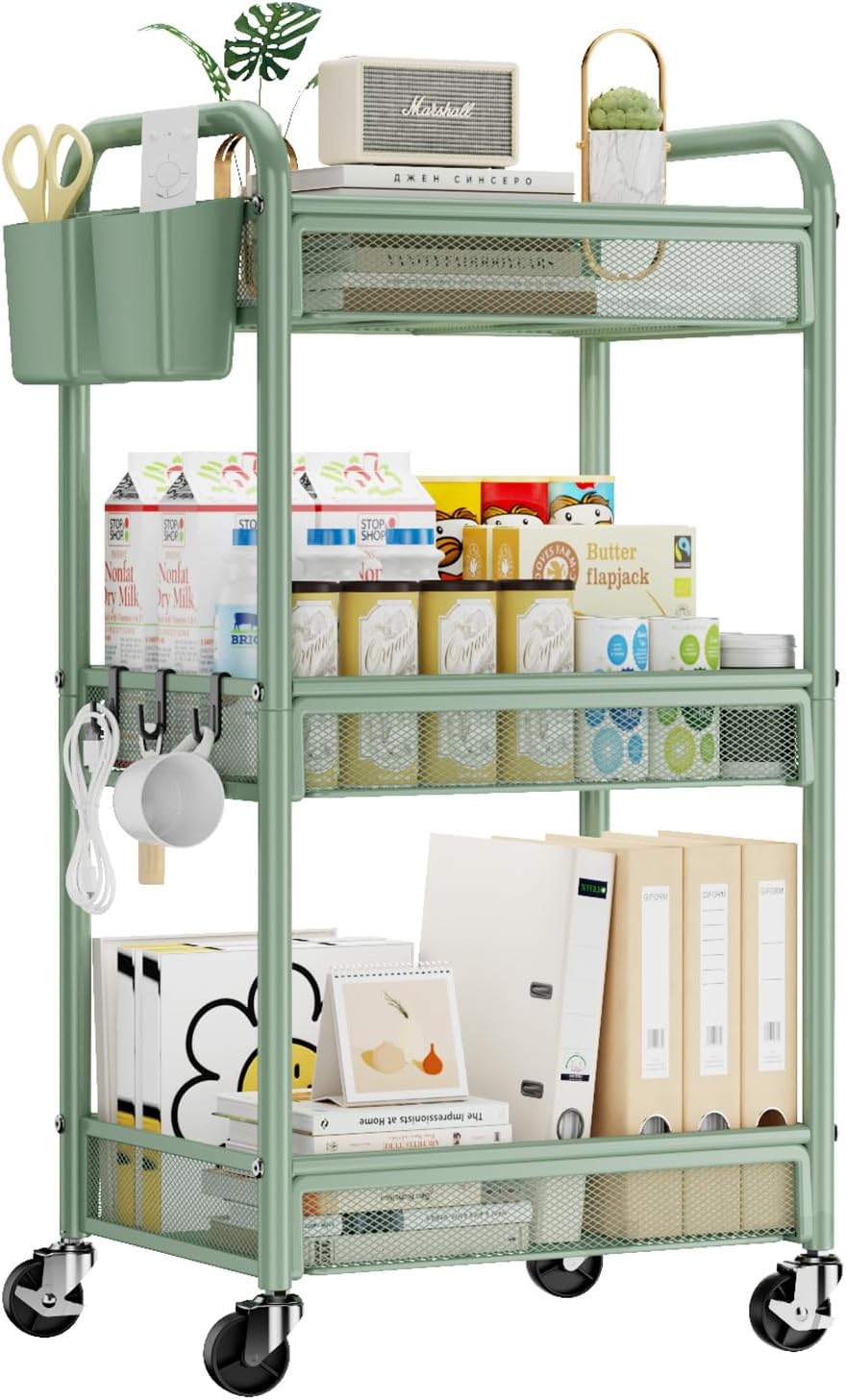 YASONIC 3 Tier Metal Rolling Cart, Green Utility Storage Cart with Wheels | M...