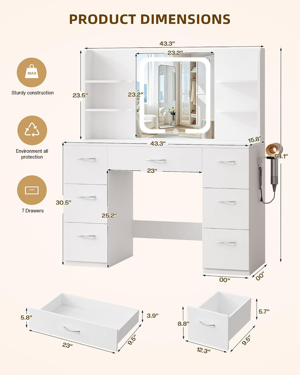 LIVELYGLOW 43" Large White Makeup Vanity Desk with Charging Station | Sm...
