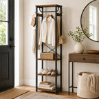 Coat Rack with Hanging Rod, Garment Rack with 3 Wooden Shelves and 4 Hooks, Freestanding Hall Tree, Industrial Clothes Rack Stand Organizer, Rustic Brown and Black