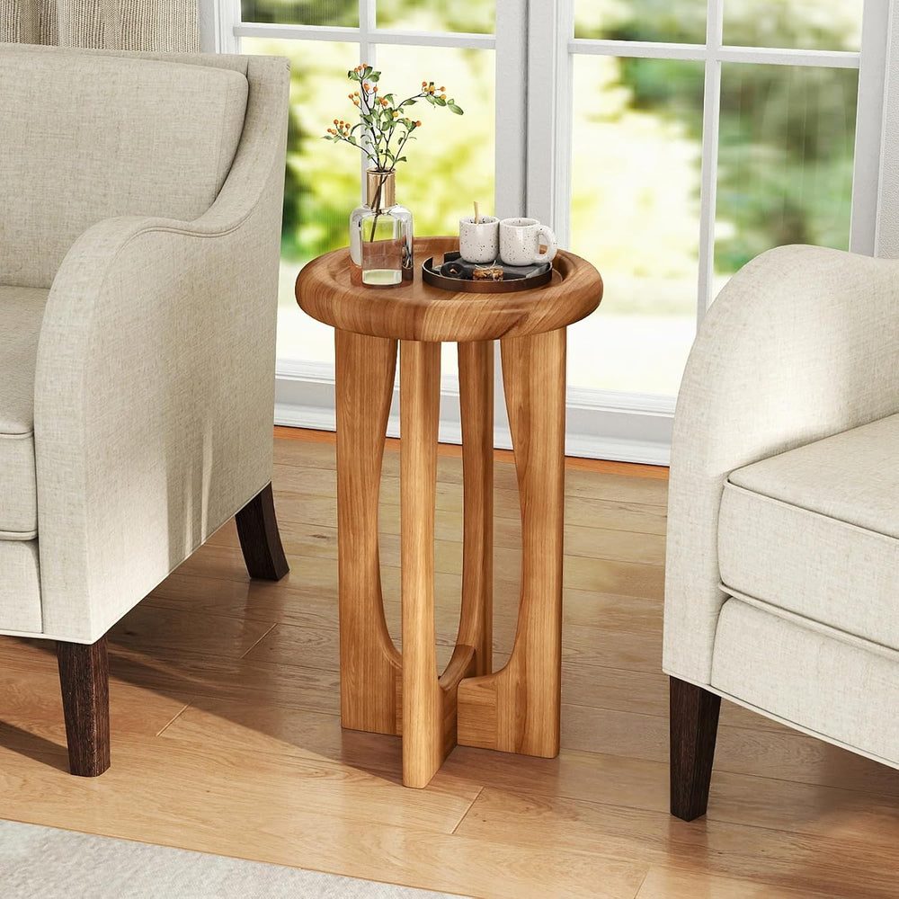 Tangkula Round Side Table, 14” Mahogany Accent Table with Tray Top & Soli...