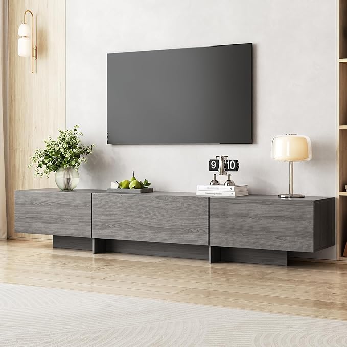 Coffee Table and TV Stand Set of 2,76.4'' Modern TV Console,Entertainment Center with 3 Drawers,Modern Oval Coffee Table with Storage, Wood Center Tables for Living Room, Bedroom, Home Office, Grey