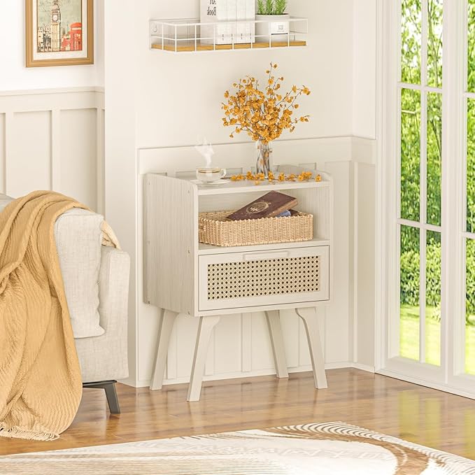Lerliuo Rattan Nightstands Set of 2, Side Table with Drawer Open Shelf, Cane ...
