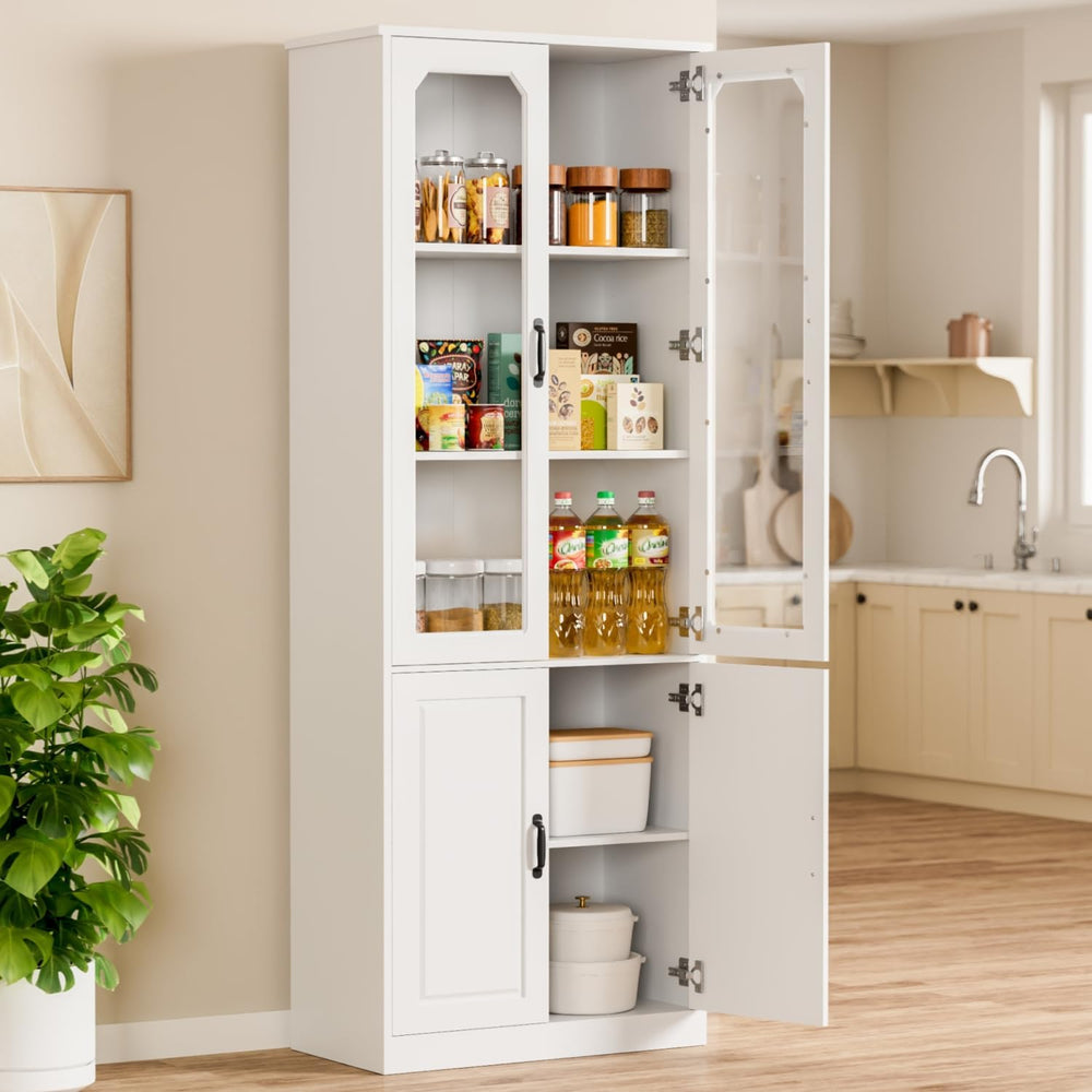 White Kitchen Pantry Cabinet, 78.7" Tall China Cabinet with Glass Doors ...