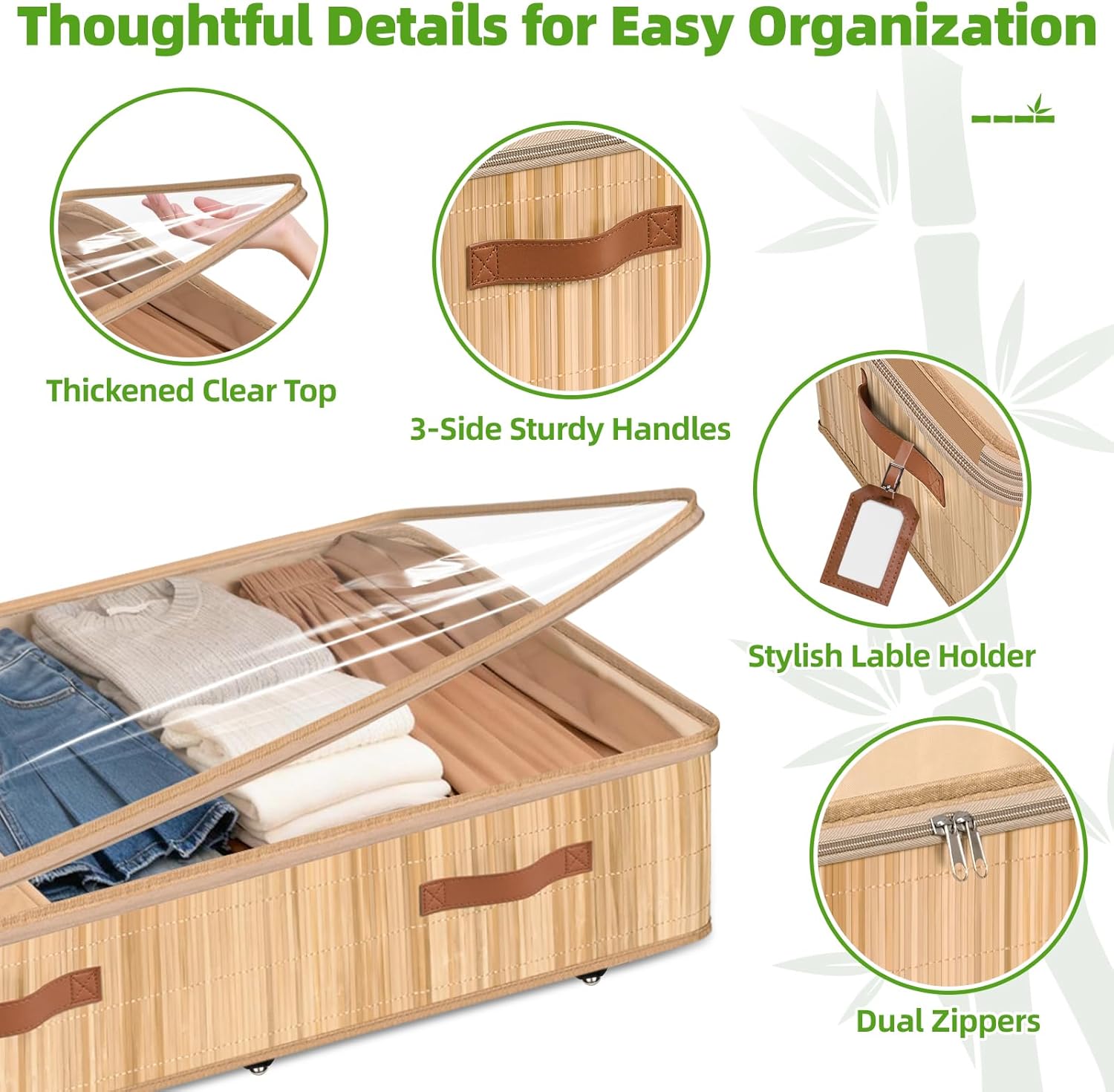 Livole Bamboo Under Bed Storage with Wheels, 6 inches Underbed Storage Containers, 56L XXL Rolling Under Bed Storage Bins with Clear Lid & Label for Clothes, Blankets, Sweater, Shoes, 1 Pack