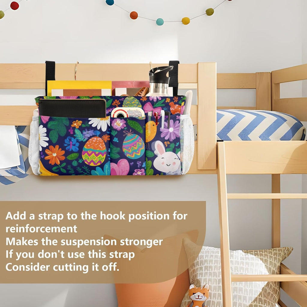 Easter Daisy Rabbit Birds Eggs Bedside Caddy for Dorm Bed Bedside Hanging Caddy Bag Iron Frame Storage Organizer Pocket for Bunk Home College Hospital Beds 2 Hooks