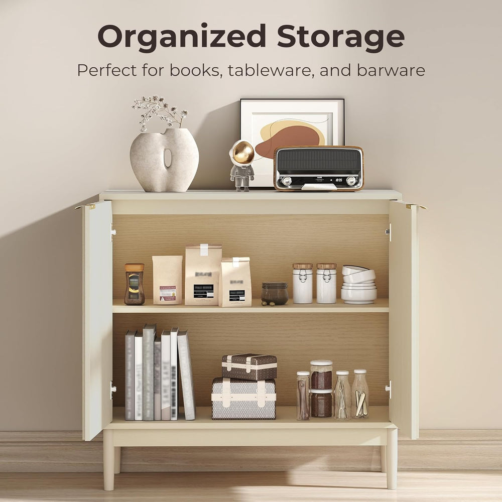 Fluted Cabinet with Storage, Buffet Cabinet Sideboard with 2 Doors, Beige Buf...