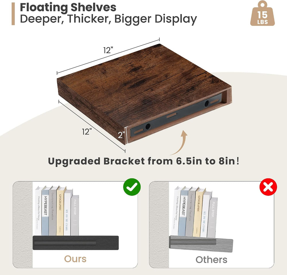 Heimlove 12 x 12 Deep Floating Shelves Wall Mounted Set of 2 Rustic Brown
