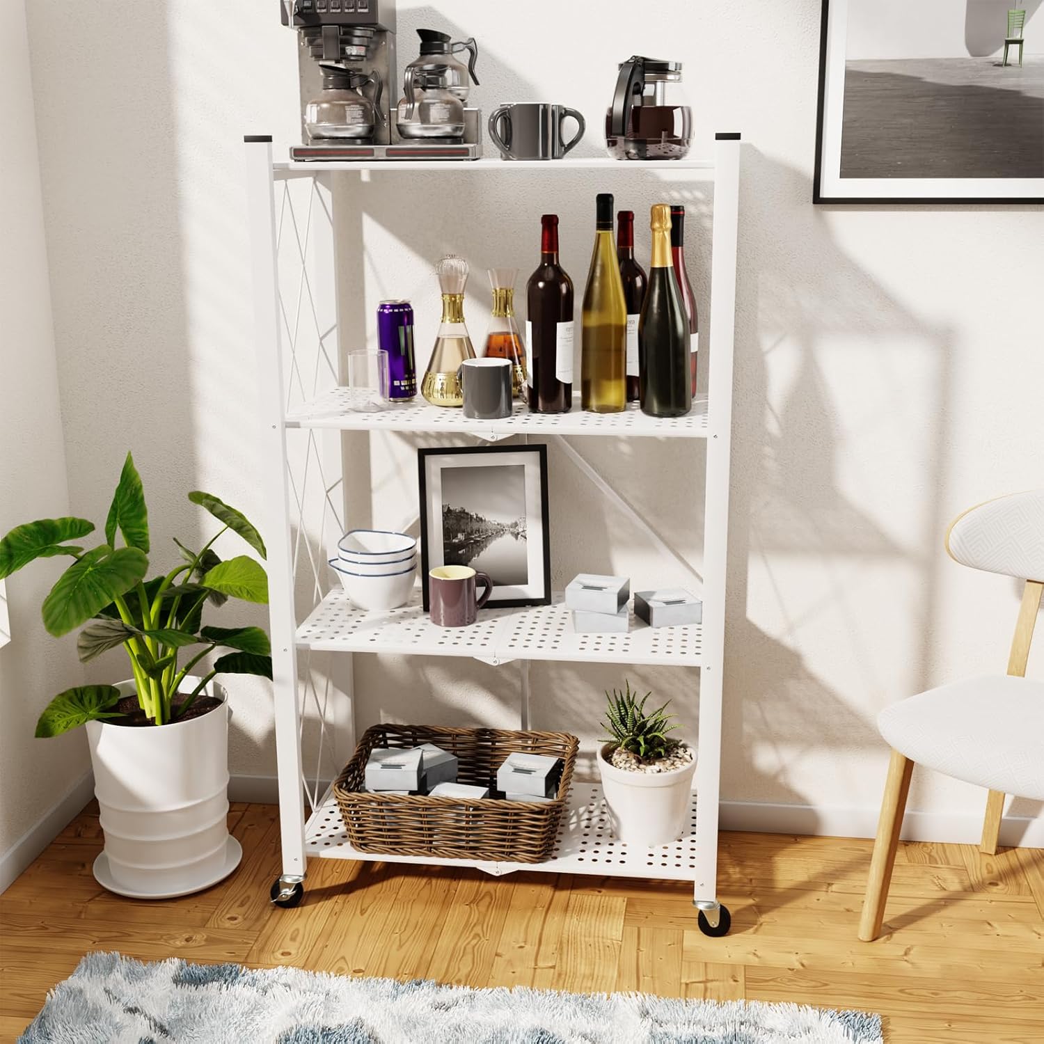 4 Tier Foldable Storage Shelf with Wheels, Heavy Duty Folding Shelf Loads 600 LBS, Metal Steel Collapsible Shelves, Rolling Standing Utility Rack for Kitchen, Pantry, Office, White
