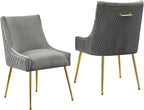Velvet Dining Chairs Set of 2 Gold Legs,Upholstered Velvet Accent Chairs, Pleated Back Design & Gold Pull Handle, Mid Century Modern Chairs for Dining/Kitchen/Living Room,Light Grey