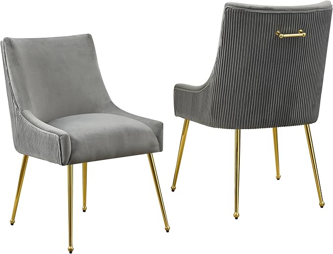 Velvet Dining Chairs Set of 2 Gold Legs,Upholstered Velvet Accent Chairs, Pleated Back Design & Gold Pull Handle, Mid Century Modern Chairs for Dining/Kitchen/Living Room,Light Grey