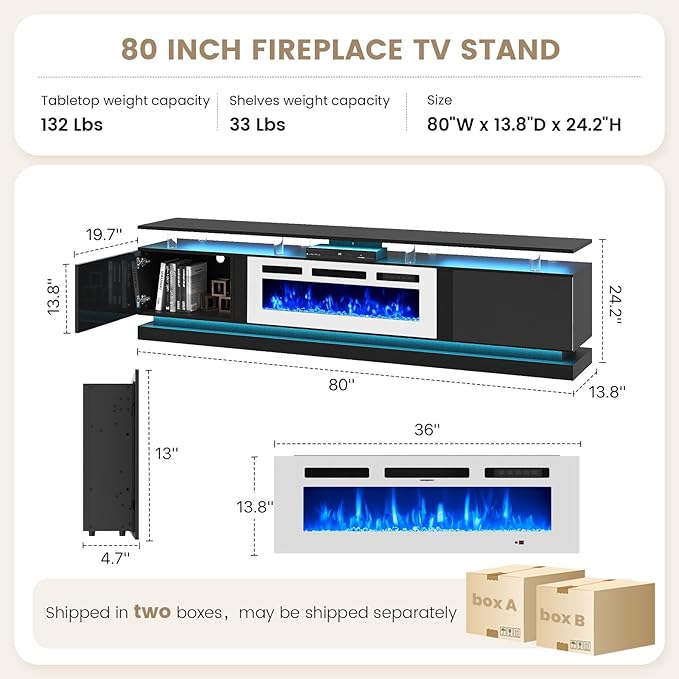 80" Fireplace TV Stand, Modern Entertainment Center for TVs Up to 90&quo...