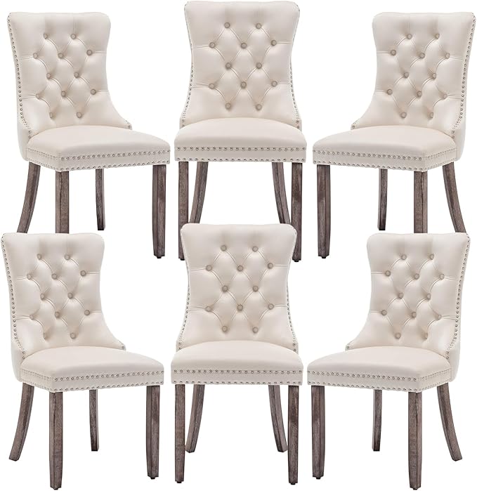 Velvet Dining Chairs Set of 6,Upholstered Dining Chairs with Ring Pull Trim and Button Back,Modern Seating for Kitchen, Bedroom & Living Room(Beige)