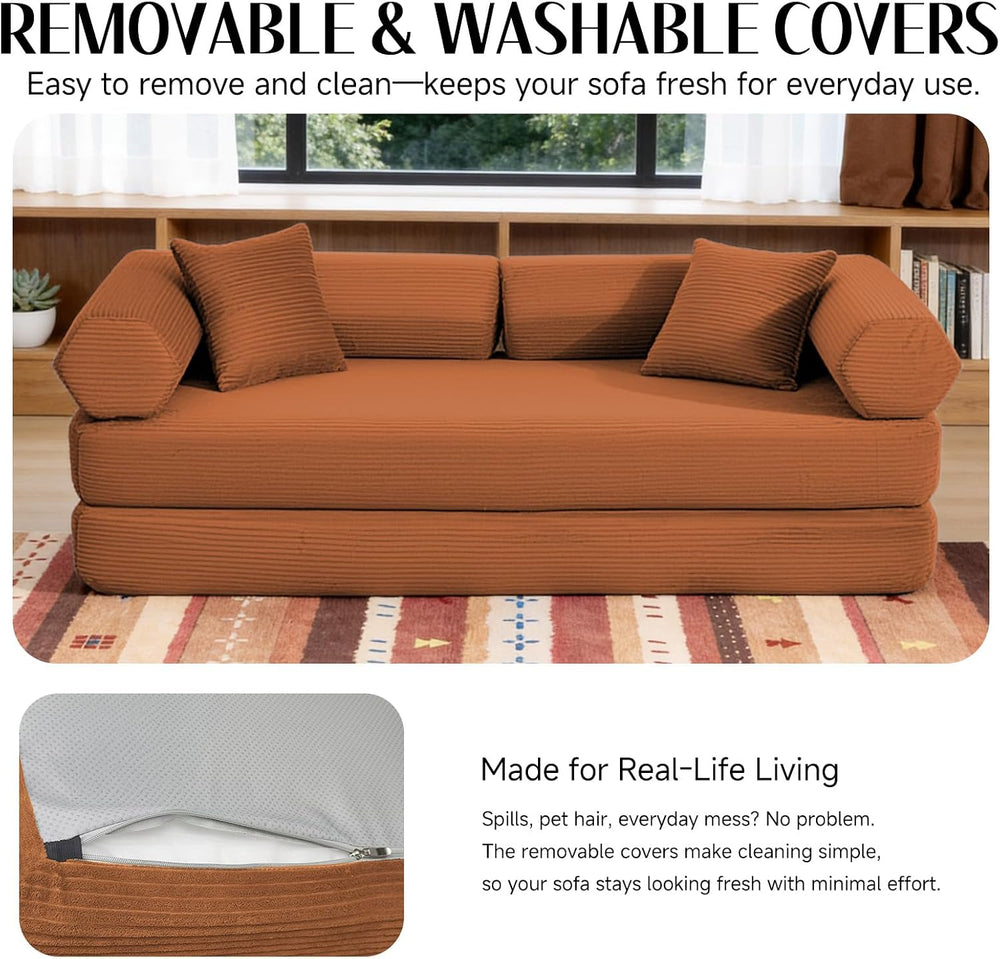 79" Corduroy Sofa Bed, Couch in a Box with 2 Pillows, High-Density Foam ...