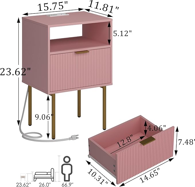 Modern Nightstand with Charging Station and LED Lights, White Bedside Table w...