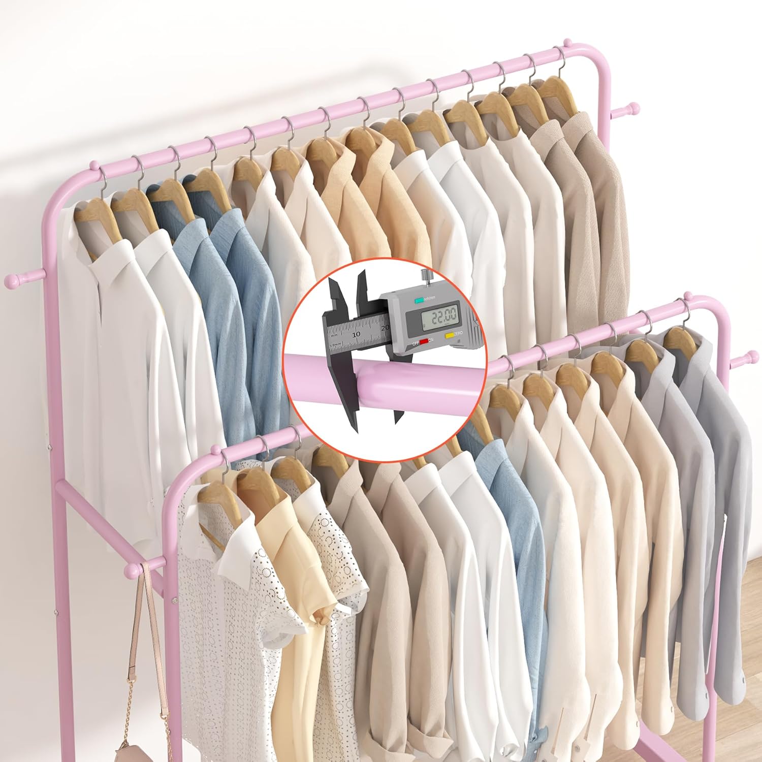Laiensia Double Rods Garment Rack with Wheels, Clothing Rack for Hanging Clothes,4 Hooks, Multi-Functional Bedroom Clothes Rack, Pink