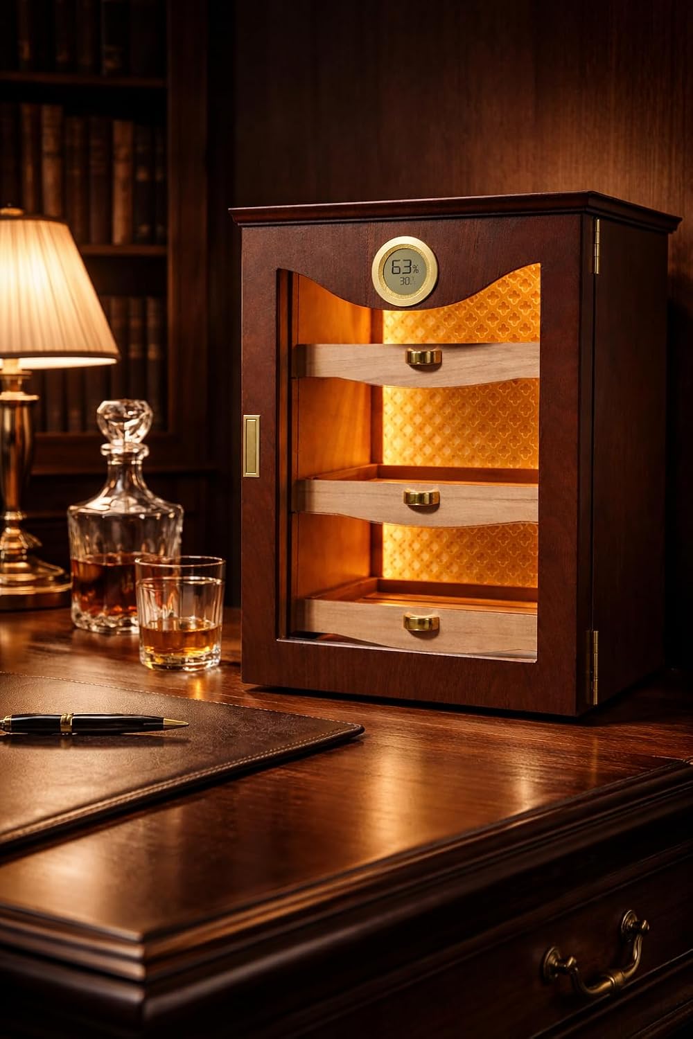 Luxury LED Display Cabinet with Spanish Cedar, Precision Hygrometer & Humidity Control - Elegant Walnut/Obsidian Storage for Premium Collections