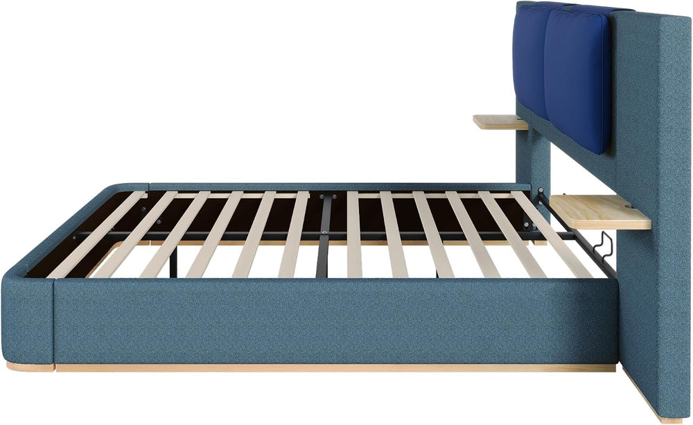 Peanu Queen Bed Frame, Upholstered Panel Headboard, Blue Finish