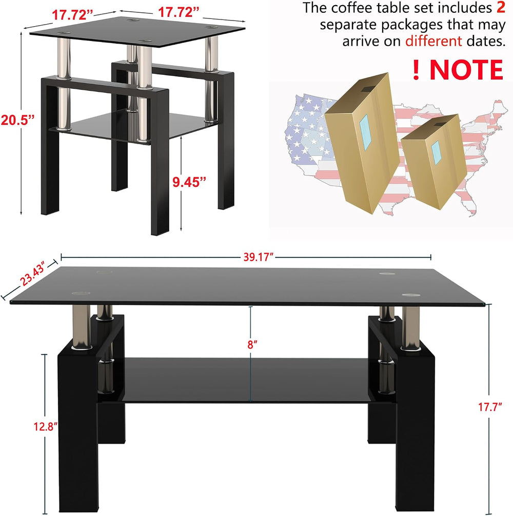 Glass Coffee Table Sets of 3 for Living Room, Mordern End Table Sofa Side Tab...