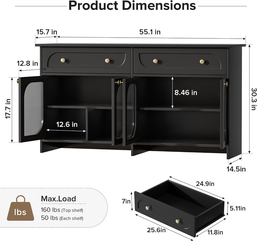 Buffet Cabinet with Storage and LED Light, 55” Sideboard Buffet Cabinet with ...