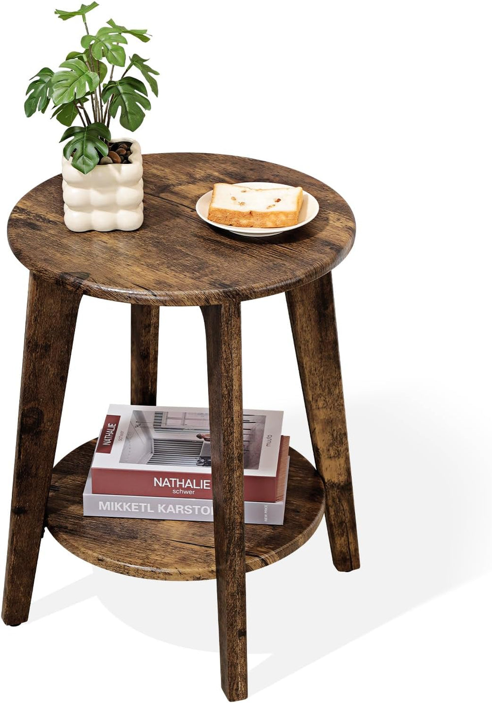 Small Round Side Table Wooden End Table with Lower Shelf Modern Nightstand Be...