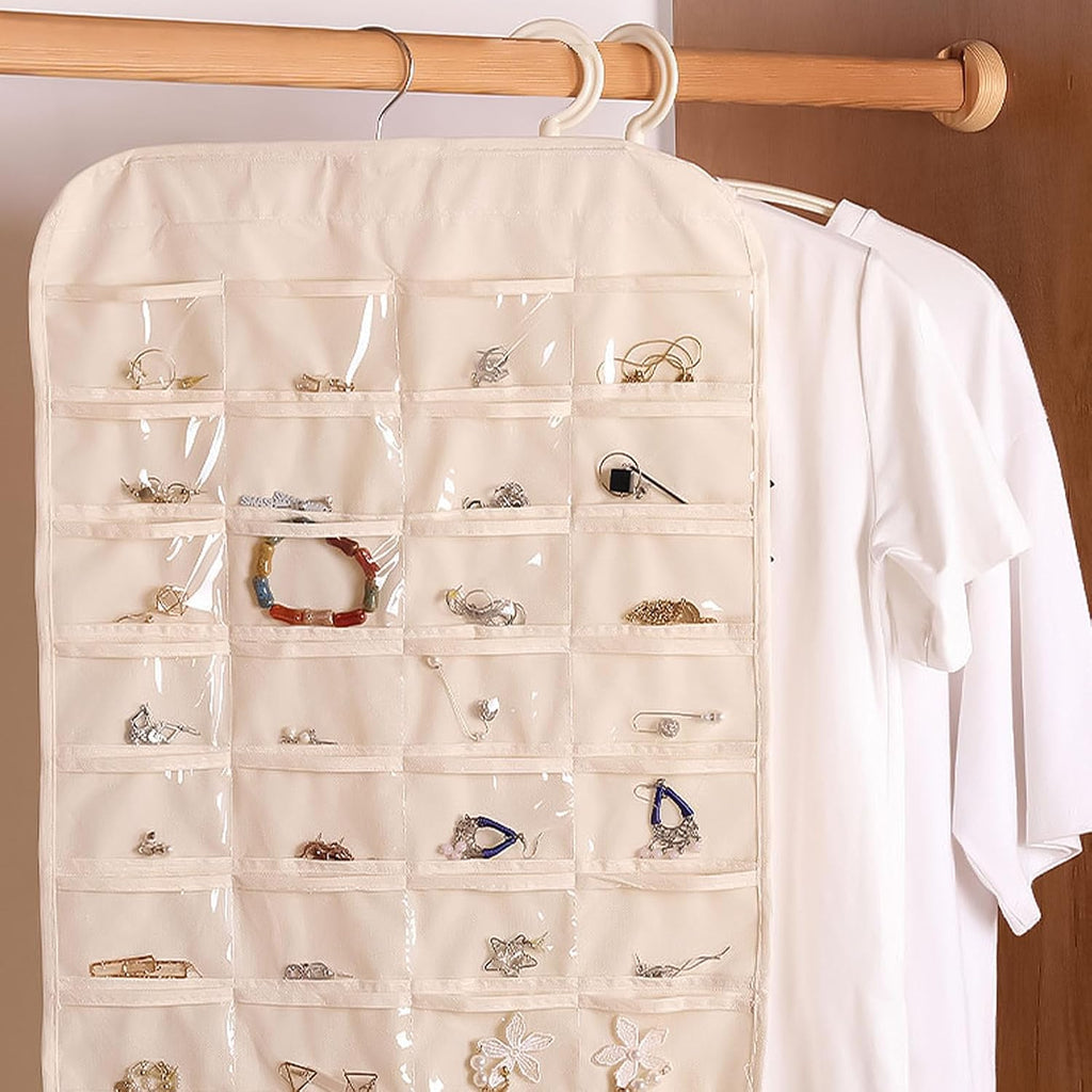 2PCS Hanging Jewelry Organizer Double Sided Necklace Storage Holder with 80 Clear Pockets Portable Necklace Holder Jewelry Bag for Earrings Necklace Bracelet
