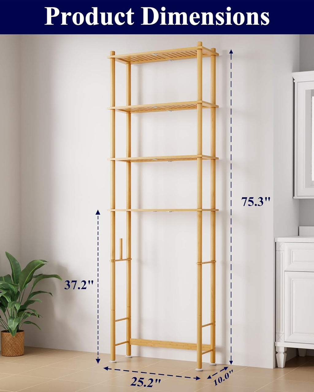 Kitsure Over The Toilet Shelf - 4-Tier Bamboo Bathroom Organizers and Storage with Paper Holder, Over Toilet Bathroom Organizer with Wall Anchor for Balcony, Laundry, Natural, 4 Tiers (75.3" H)