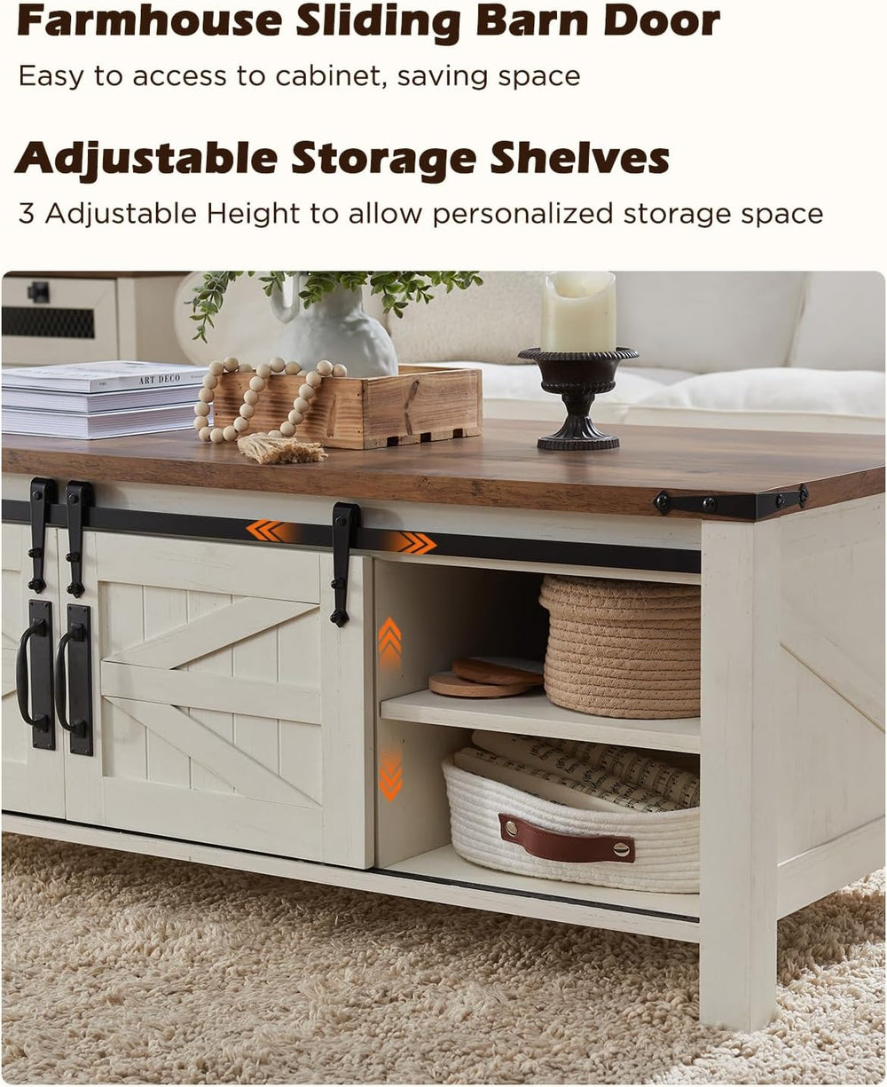 OKD 48" Farmhouse Lift Top Coffee Table, Sliding Barn Door, Antique White