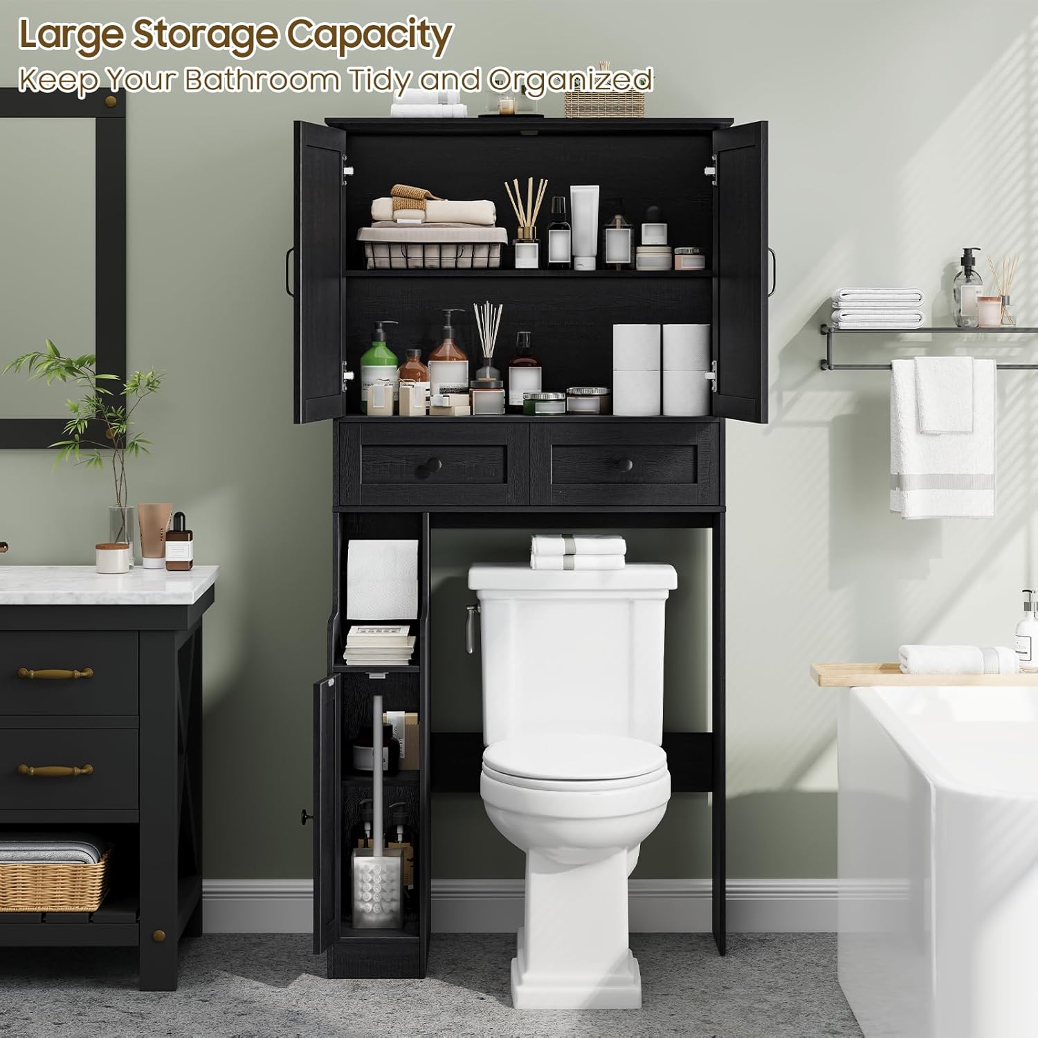Over The Toilet Storage Cabinet, Storage Cabinet Over Toilet with Double Doors & Toilet Paper Holder Stand, Freestanding Toilet Shelf Space Saver with Anti-Tip Design & Adjustable Shelf, Black