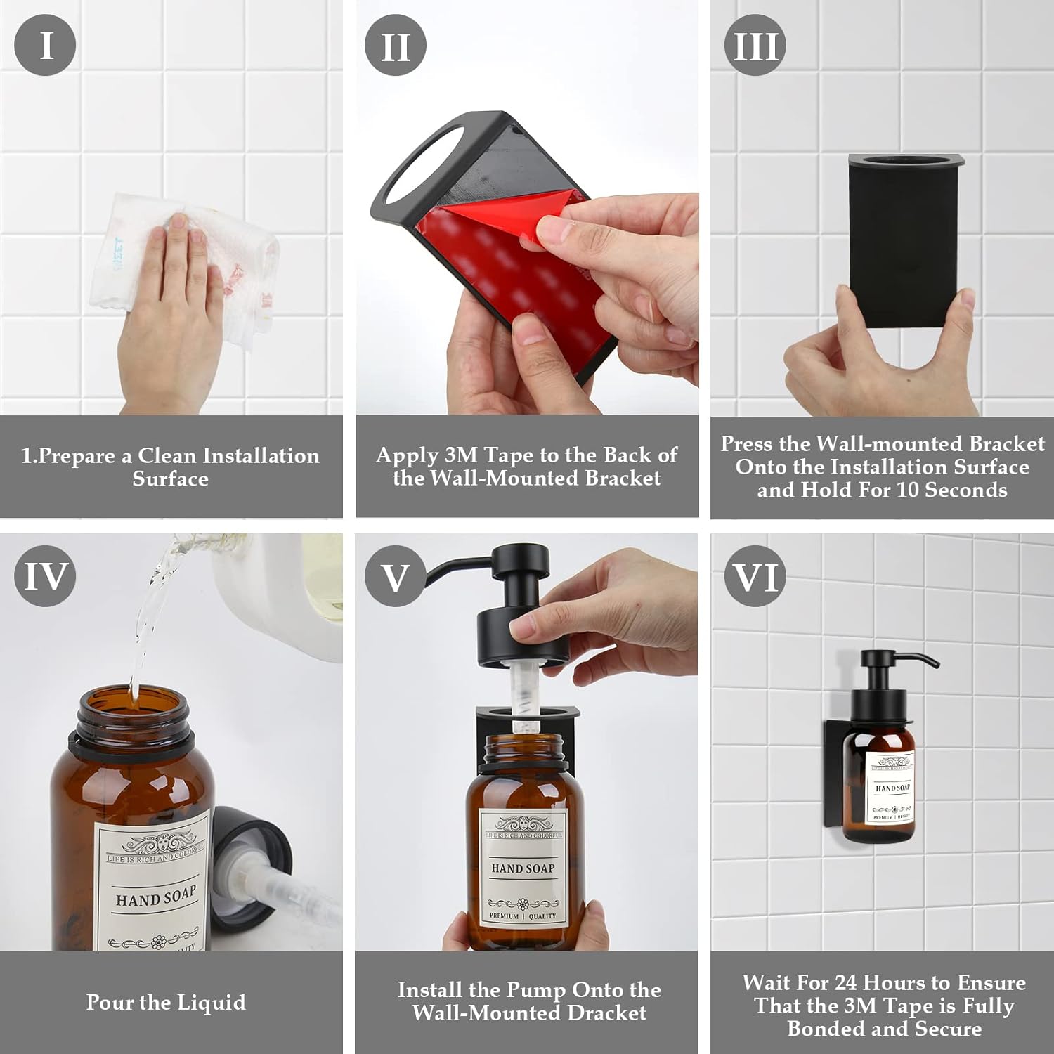 8.5oz Glass Soap Dispenser 2 Pack - Shampoo,Conditioner and Dish Soap Dispenser with Pump,Wall Mount Holder and Waterproof Labels for Kitchen and Bathroom (Brown)
