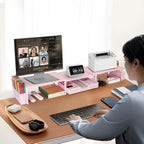 OPNICE Wood Desk Organizers and Accessories, Dual Monitor Stand Riser with Drawer and 2 Pen Holders, Desk Shelf Computer Racks for Office Workspace Organizers, Desktop Organization (Pink)