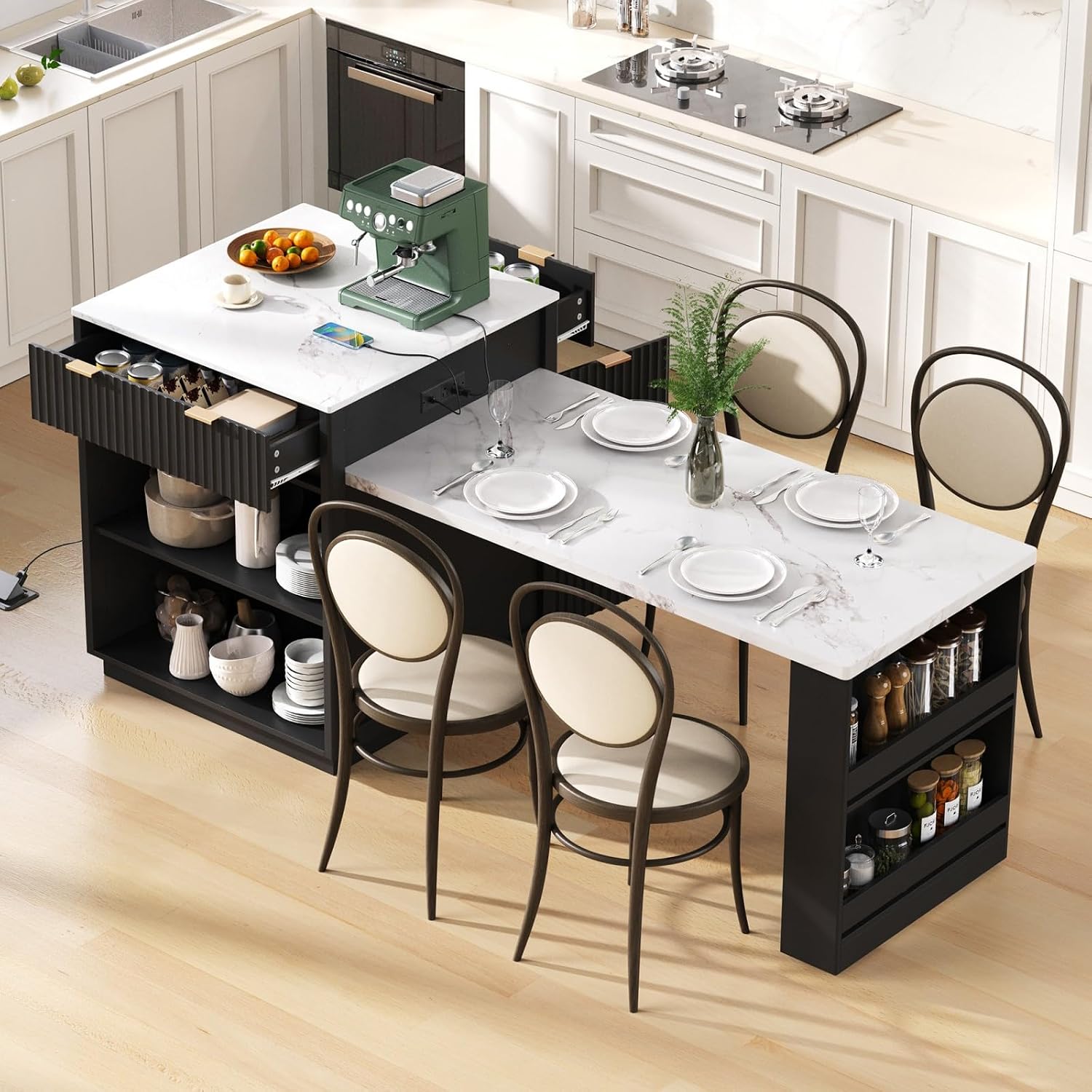 82.6" Fluted Kitchen Island with Extendable Dining Table for 4-6 | Large Island Table for Kitchen with Power Outlet, Double-Side Storage, 2 Drawers, 2 Side Open Shelves for Dining Room