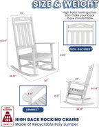 Outdoor Rocking Chair, High Back HDPE Patio Chair, All Weather Rocker Porch Chair, Lawn Chair for Deck, Porch, Backyard, Garden and Indoor, White