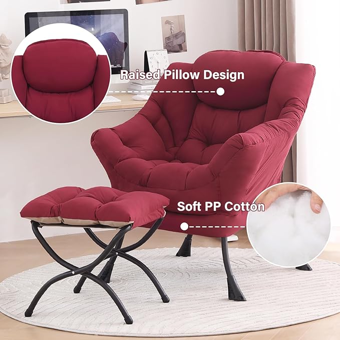Tiita Lazy Chair with Ottoman, Modern Large Accent Lounge Armchair, Comfy Leisure Sofa Reading Chair with Footrest for Bedroom, Living Room, Dorm Rooms, Garden and Courtyard, Wine red
