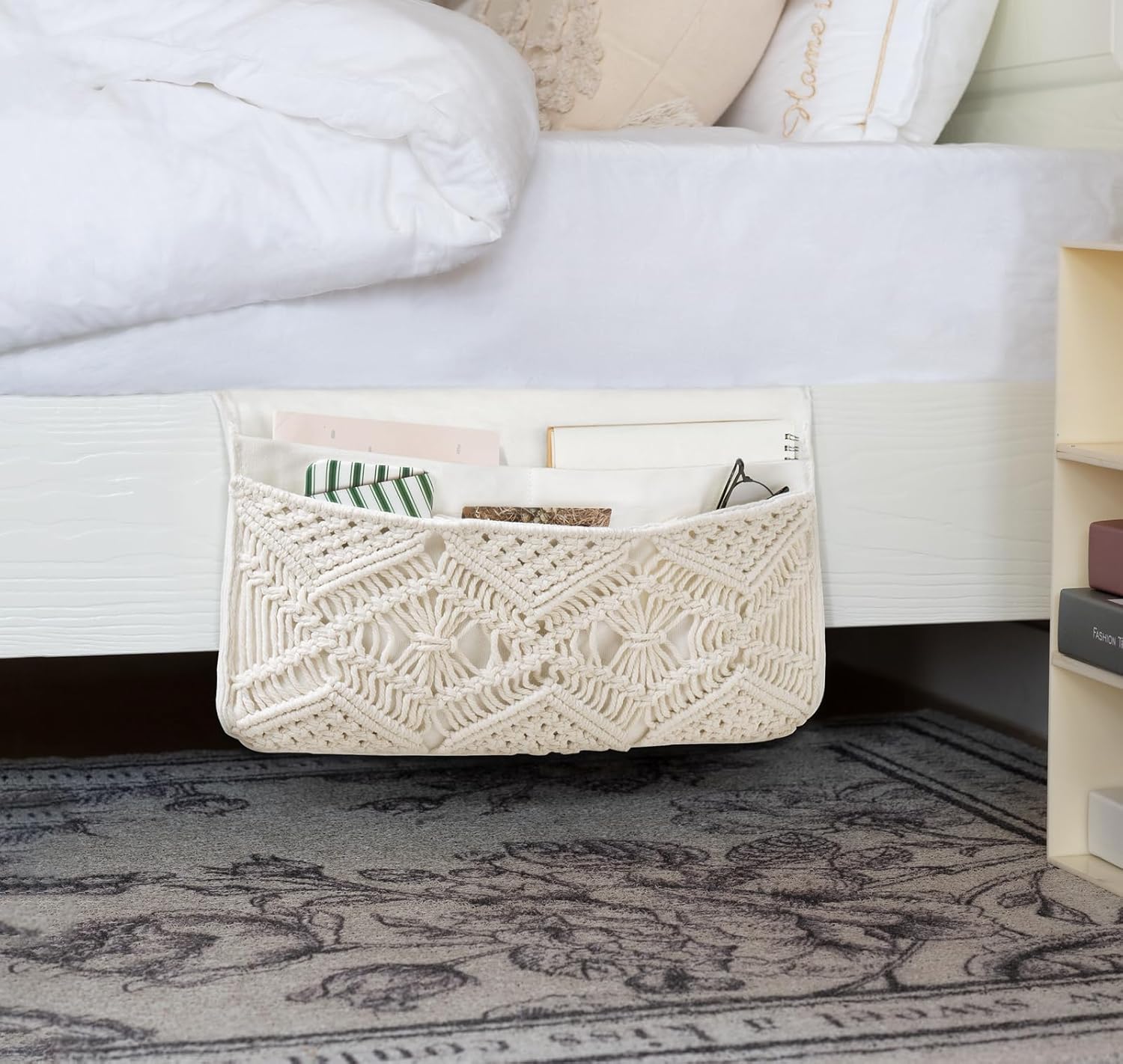 Mkono Macrame Bedside Caddy Storage Organizer Boho Remote Control Tablet Magazine Holder with 4 Pockets Non-slip Countertop Bedside Caddy for Home Bedroom Living Room College Dorm Bed, Ivory, Large