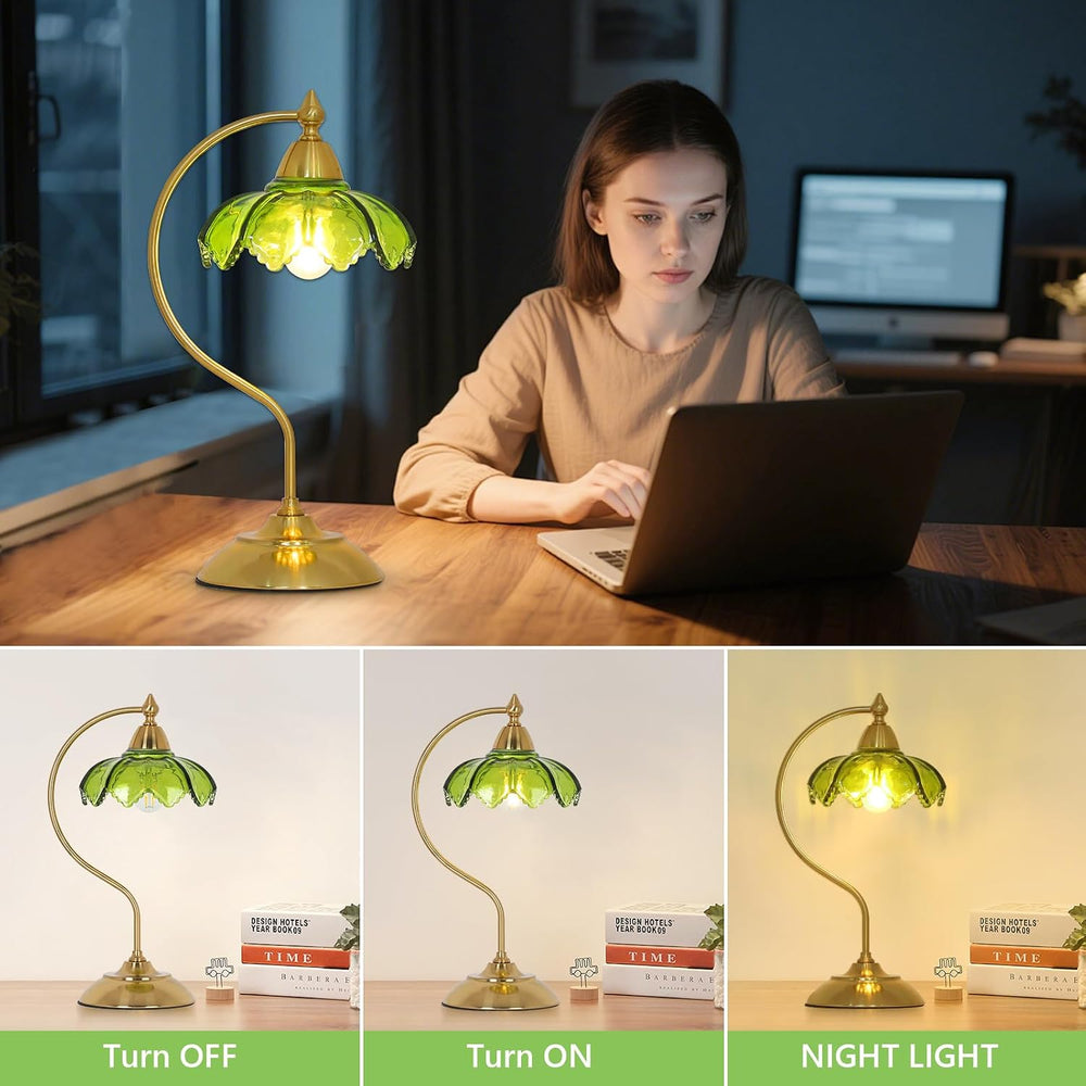 Glass Beside Table Lamp for Bedroom, Plug In Gold Desk Lamp, Vintage Flower N...