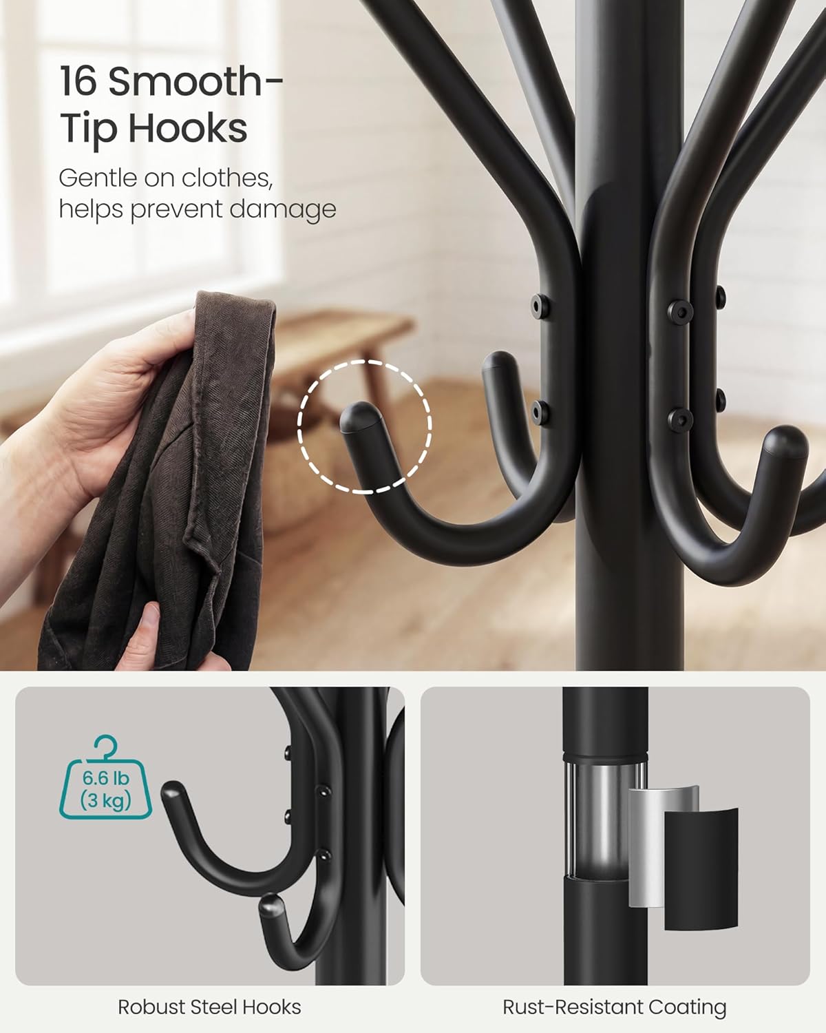 SONGMICS Coat Rack Freestanding with 16 Hooks, Metal Coat Tree Stand with 4 Adjustable Feet, Clothes Hanger Stand for Entryway Bedroom Living Room Hallway Office, Ink Black URCR083BH01S