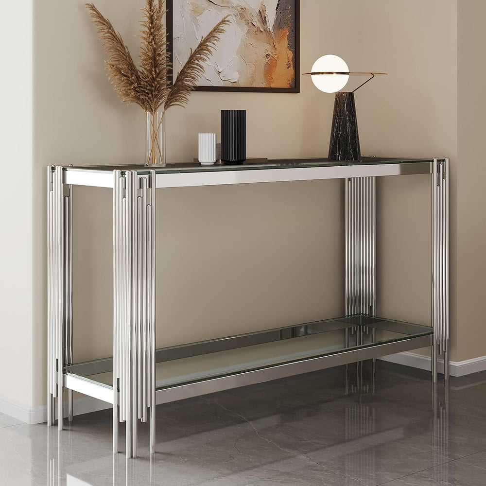 Modern Glass Entryway Table, 55" Long Console Table w/ 2 Tier Storage Sh...