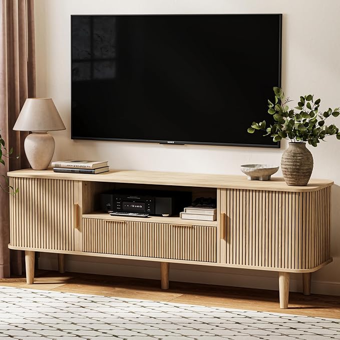 62.4 Inch Fluted TV Stand, Modern Media Console Table with Sliding Tambour Door Farmhouse Sideboard Buffet Cabinet Fits TVs up to 75 inch, Wood Entertainment Center for Living Room(Oak)