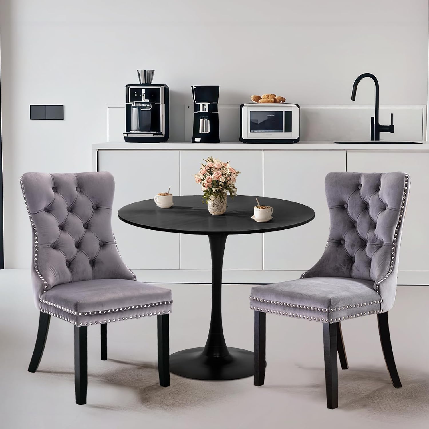 24" Small Round Kitchen Table Set for 2 with Velvet Upholstered Chairs | 3-piece compact dining set with round table, soft upholstered chairs, space-saving design for apartments
