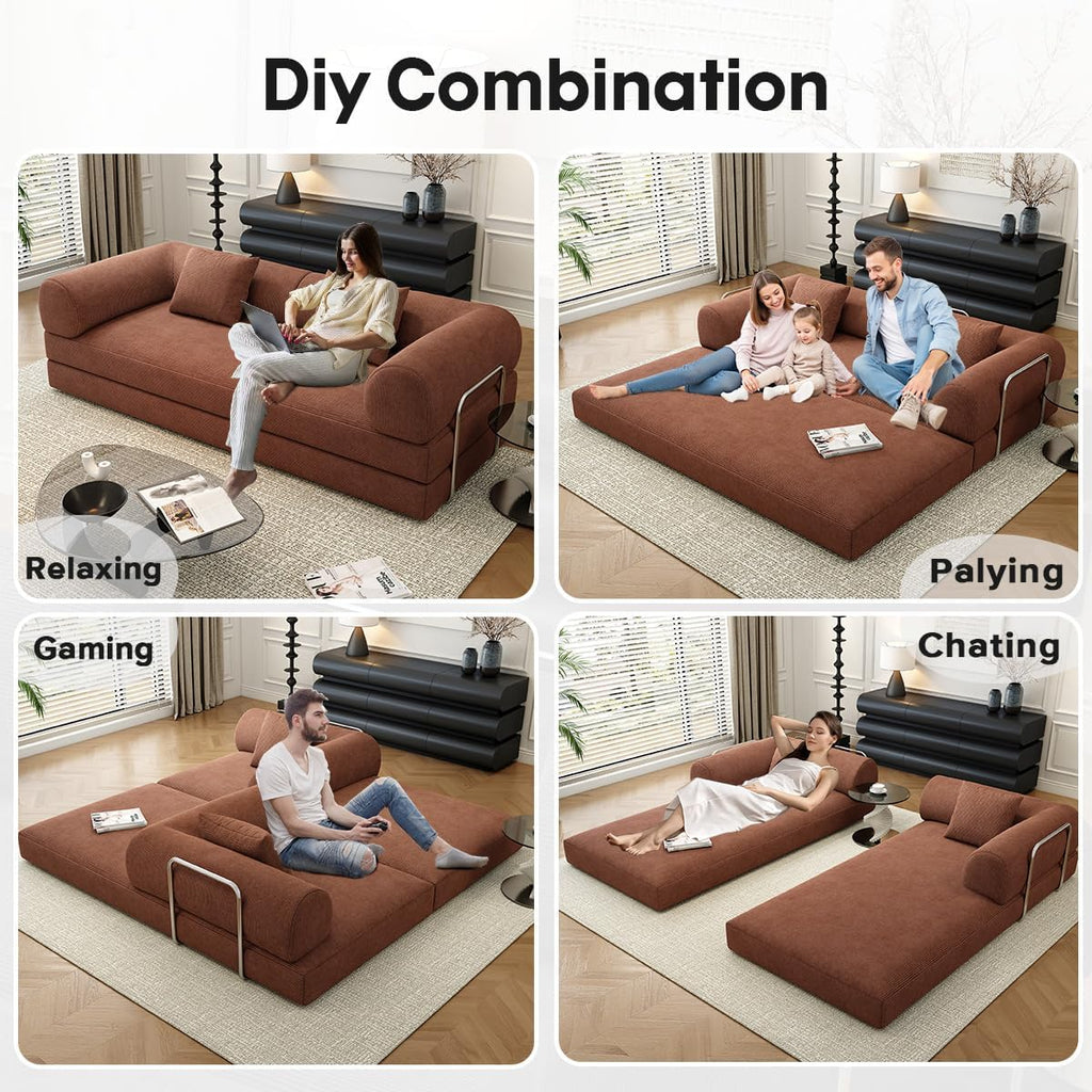 78.8" Modular Sofa Bed - 4-in-1 Convertible Design with Corduroy Fabric and High Density Sponge, Removable Cover and Fixed Frame