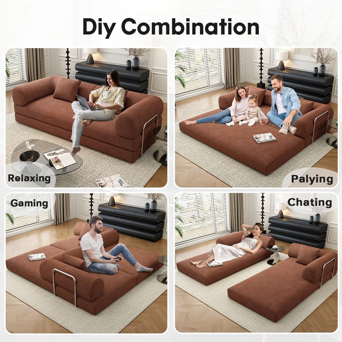 78.8" Modular Sofa Bed - 4-in-1 Convertible Design with Corduroy Fabric and High Density Sponge, Removable Cover and Fixed Frame