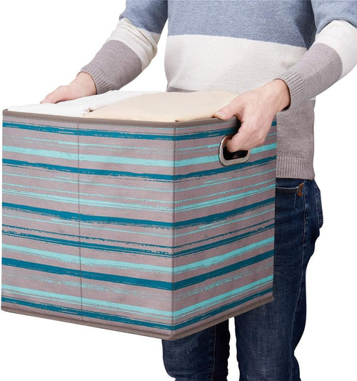 13 inch Collapsible Storage Cubes Bins Teal Stripes Fabric Storage Boxes Foldable Cube Inserts Storage Grey Printed Folding Cloth Storage Baskets Drawer Organizer ,QY-SC05-3