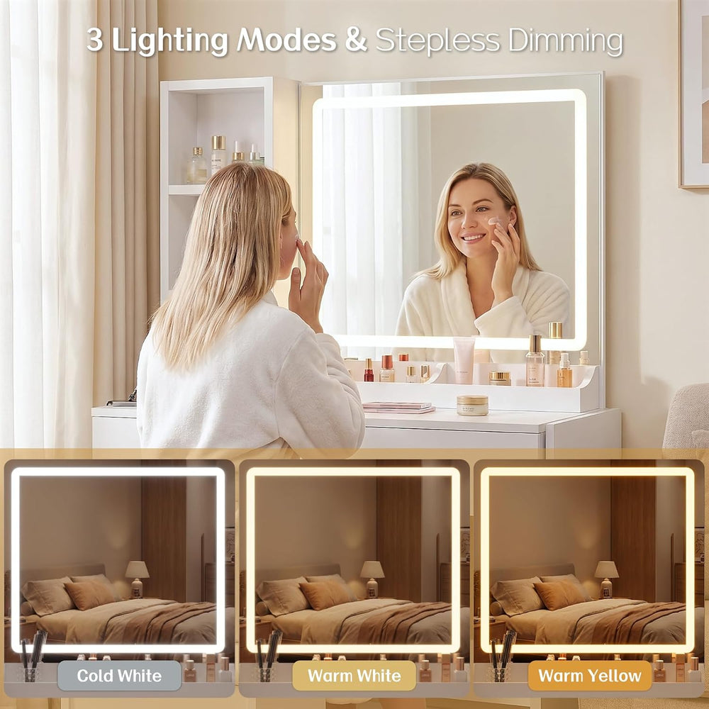 FUXA Vanity Desk with Lighted Mirror, Charging Station and Chair, White | Sto...