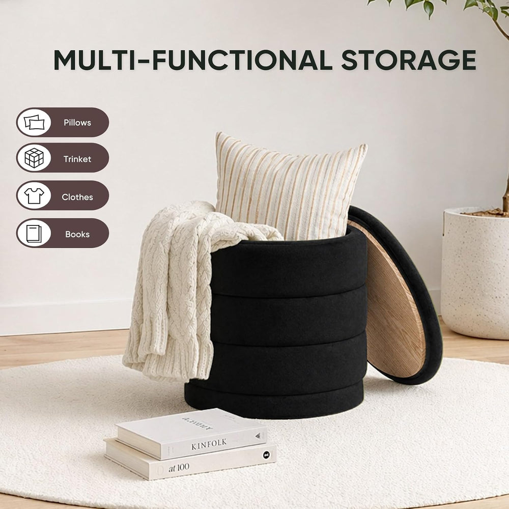 15" Round Velvet Storage Ottoman with Tray | Upholstered Folding Foot Re...