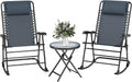 Outsunny 3 Piece Outdoor Rocking Bistro Set, Patio Folding Chair Table Set with Glass Coffee Table for Yard, Patio, Deck, Backyard, Grey